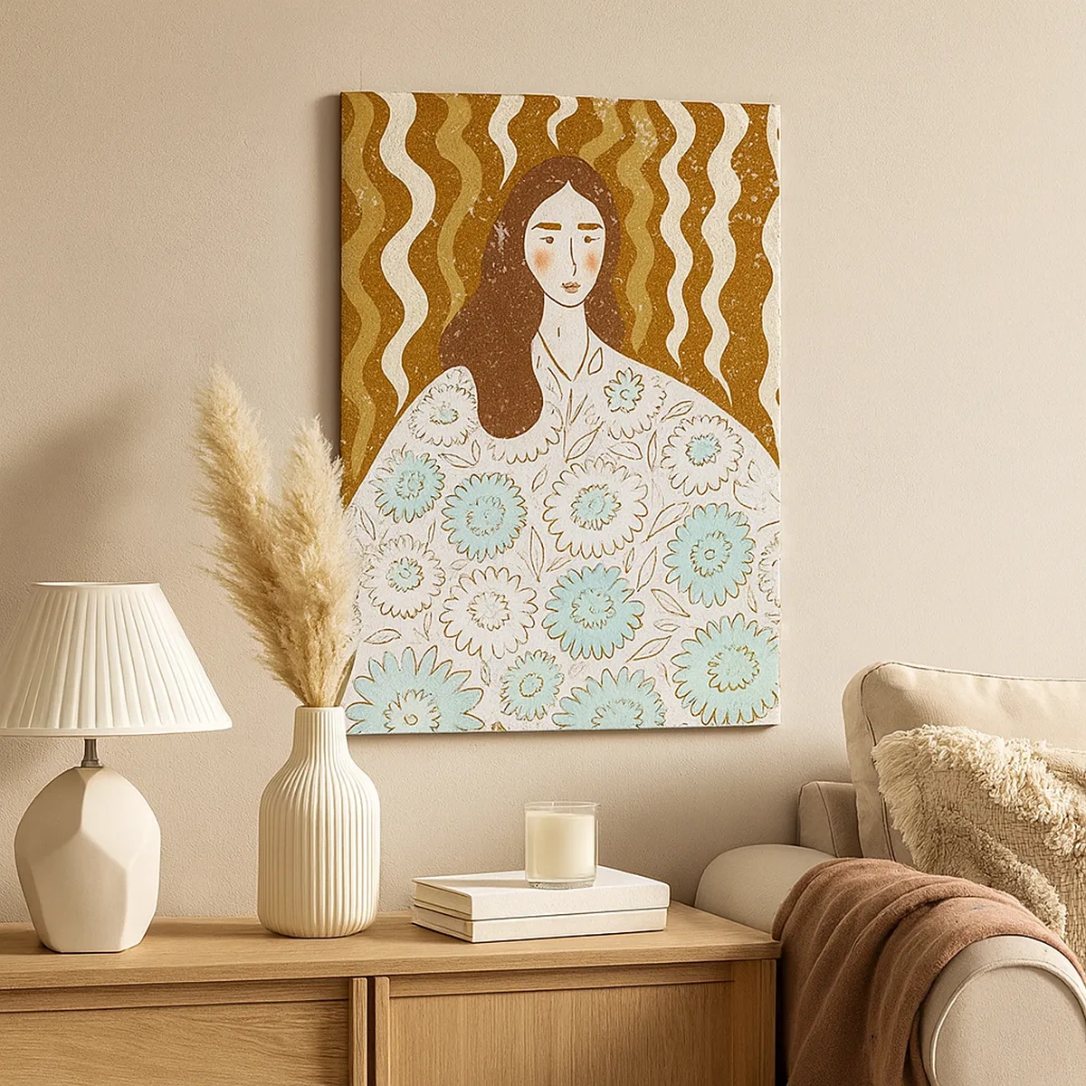 Lærredstryk - Billede på lærred - Portræt i en blomstret kappe - 50x70 cm