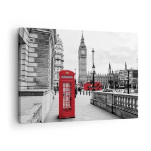 Lærredstryk - Billede på lærred - En rød telefonboks med Big Ben i baggrunden i London - 70x50cm - Uden tvivl, London - Moderne vægdekoration til stue og soveværelse ARTTOR