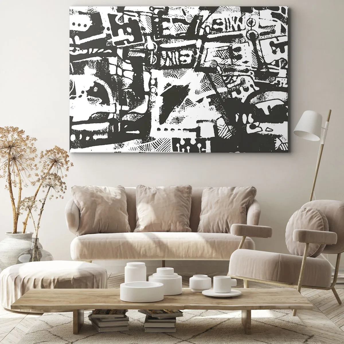 Lærredstryk - Billede på lærred - Abstrakt monokrom retro mønster - 70x50cm - Orden eller kaos? - Moderne vægdekoration til stue og soveværelse ARTTOR