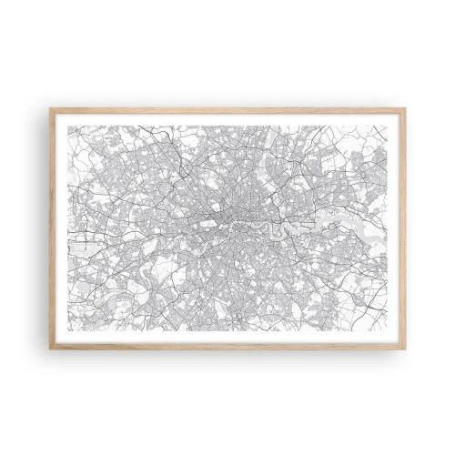 Plakat i ramme af lyst egetræ - Kort over Londons labyrint - 91x61 cm