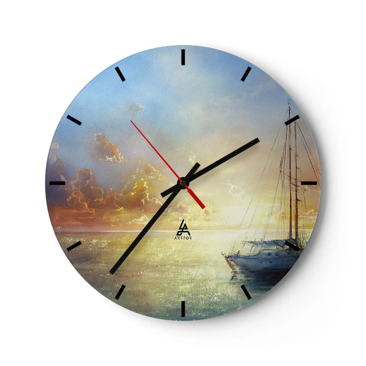 Vægur, Uret - En sejlbåd på havet under solnedgang - 30x30cm - I en gylden bugt - Moderne vægdekoration til stue, køkken og soveværelse ARTTOR