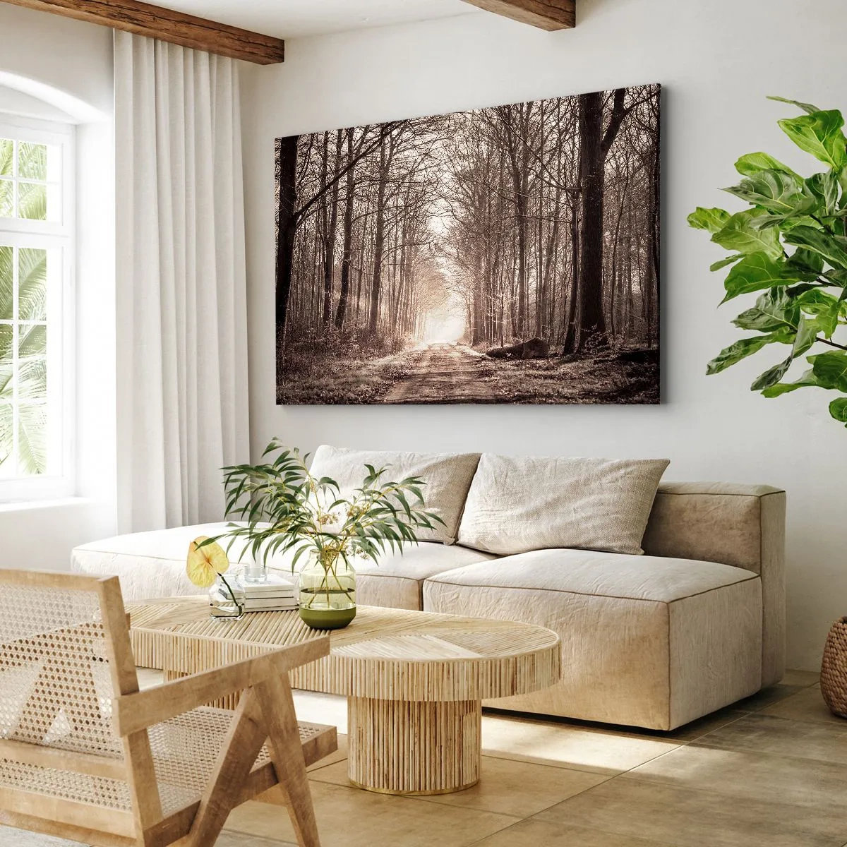 Lærredstryk - Billede på lærred - En skovsti blandt sepia-tonede træer - 70x50cm - Skovkatedralen - Moderne vægdekoration til stue og soveværelse ARTTOR