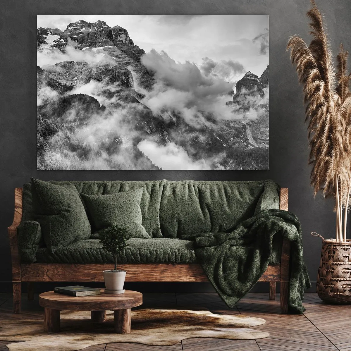 Lærredstryk - Billede på lærred - Sort-hvid udsigt over bjerge omgivet af skyer - 70x50cm - Smukt og grusomt - Moderne vægdekoration til stue og soveværelse ARTTOR