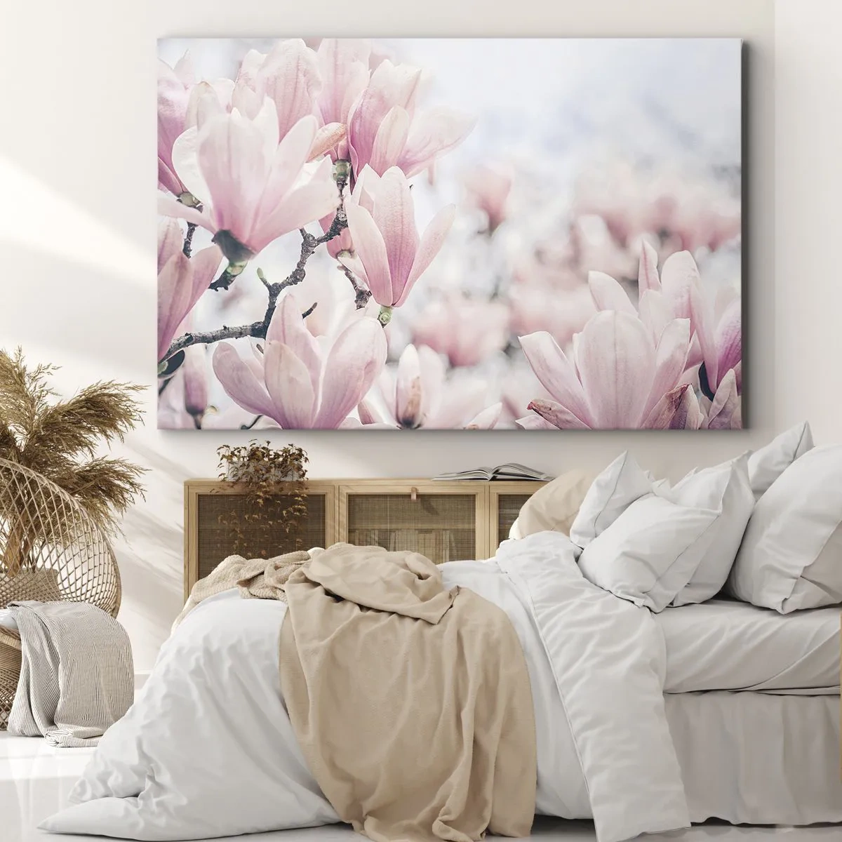 Lærredstryk - Billede på lærred - Diskrete magnoliablomster i sarte lyserøde nuancer - 70x50cm - Idealet om subtilitet - Moderne vægdekoration til stue og soveværelse ARTTOR