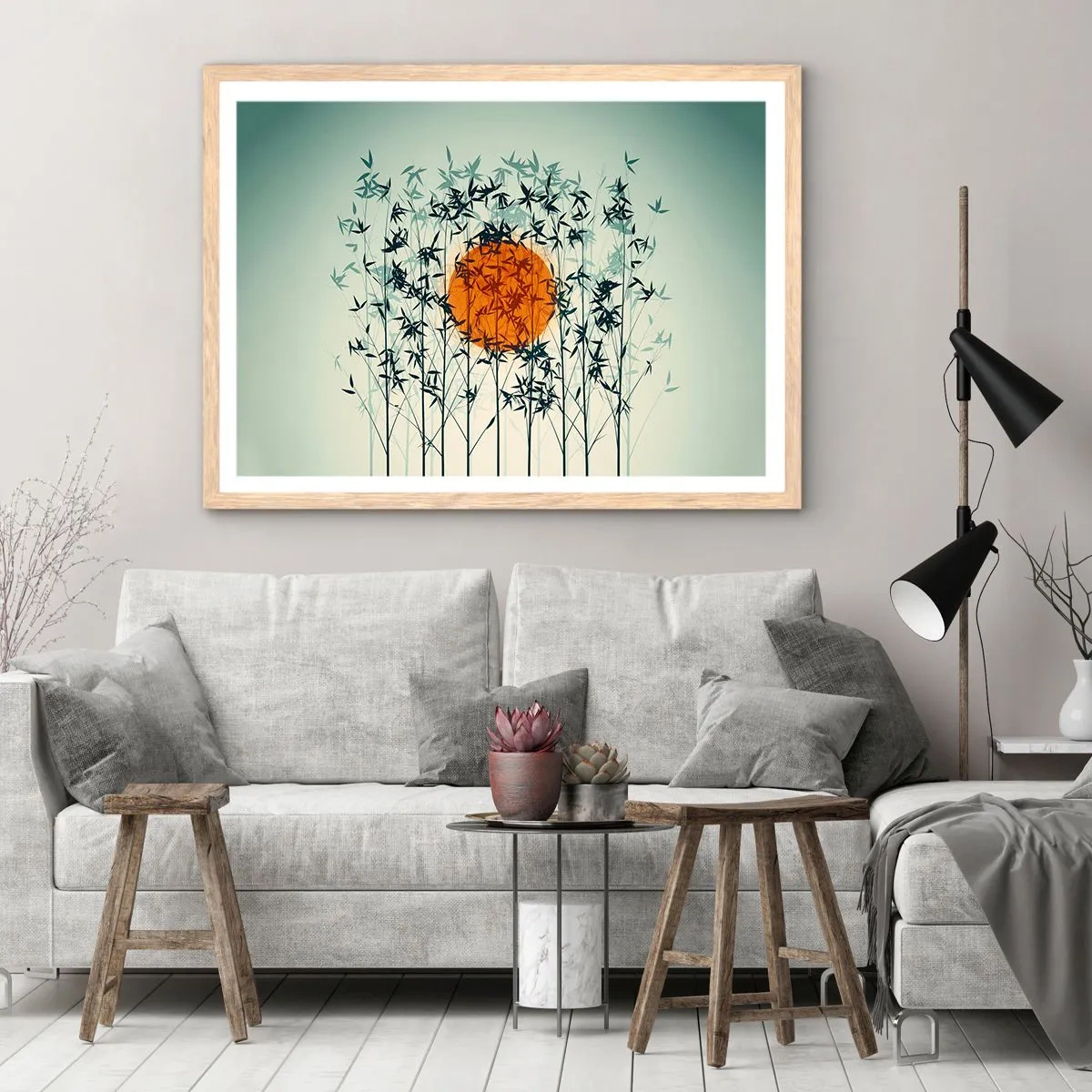 Plakat i ramme af lyst egetræ - Japansk sol - 100x70 cm