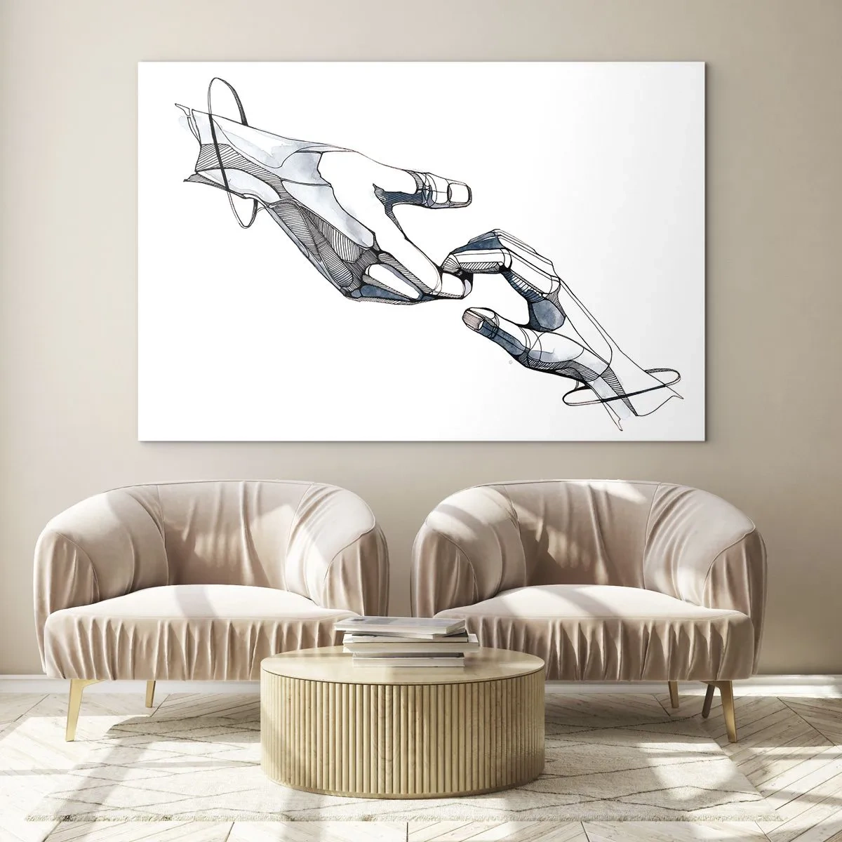 Billede på glas - Kunstnerisk illustration af to hænder i abstrakt stil - 70x50cm - En god gestus - Moderne vægdekoration til stue og soveværelse ARTTOR