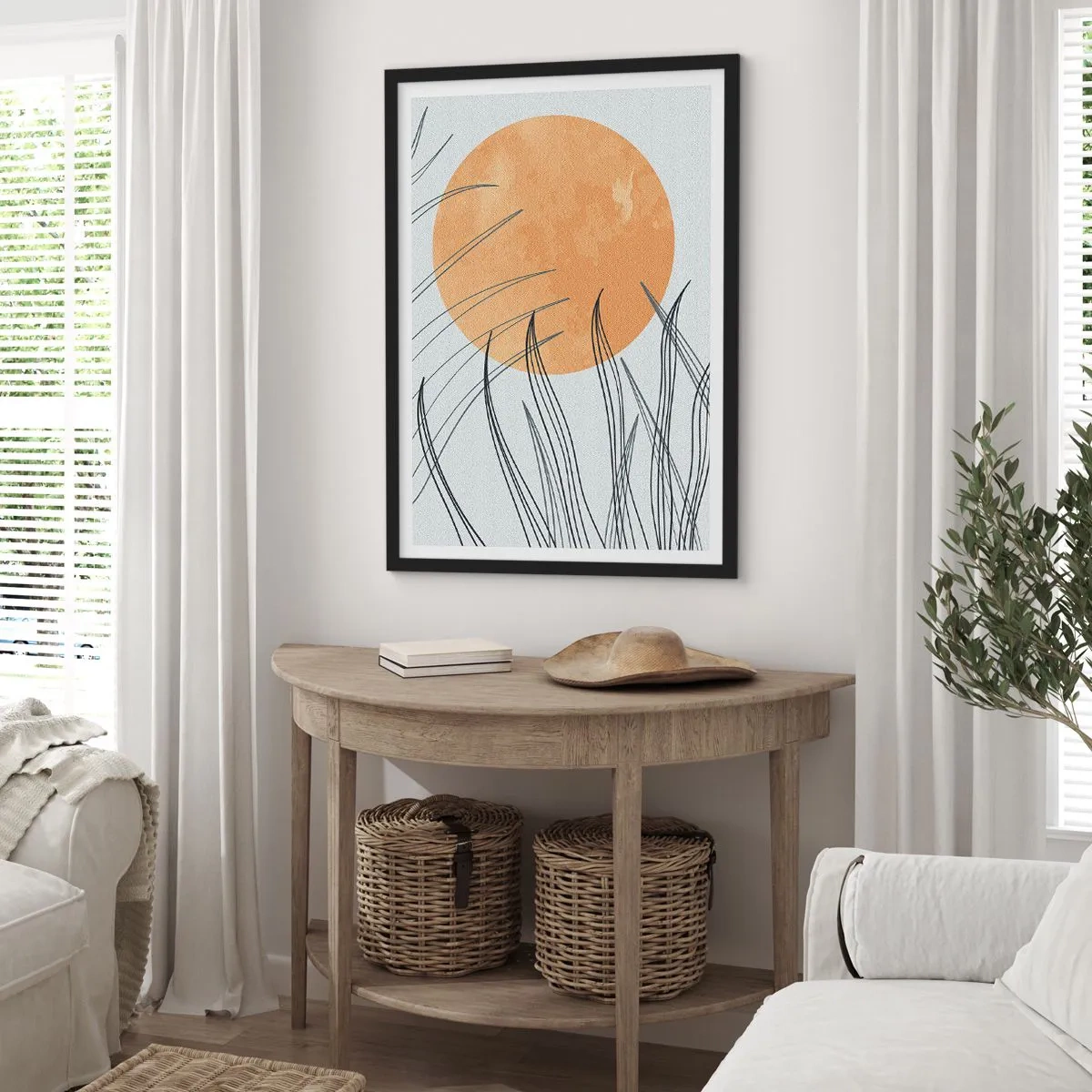 Plakat i sort ramme - En minimalistisk komposition med månen og græsset - 50x70cm - Altid mod solen - Moderne vægdekoration til stue og soveværelse ARTTOR