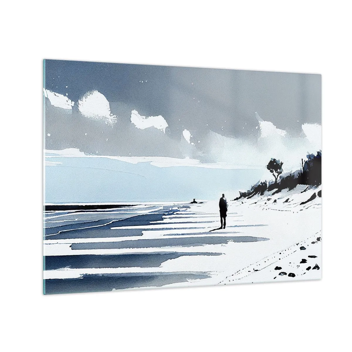 Billede på glas - Silhuet af en ensom person, der går på en tom strand - 70x50cm - Alene - Moderne vægdekoration til stue og soveværelse ARTTOR
