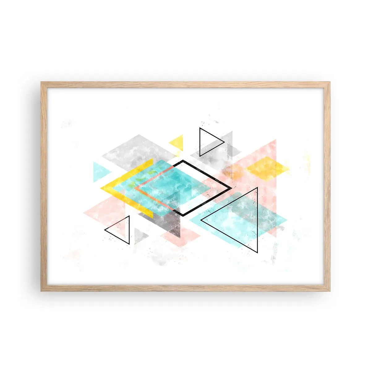 Plakat i ramme af lyst egetræ - Geometrisk leg - 70x50 cm