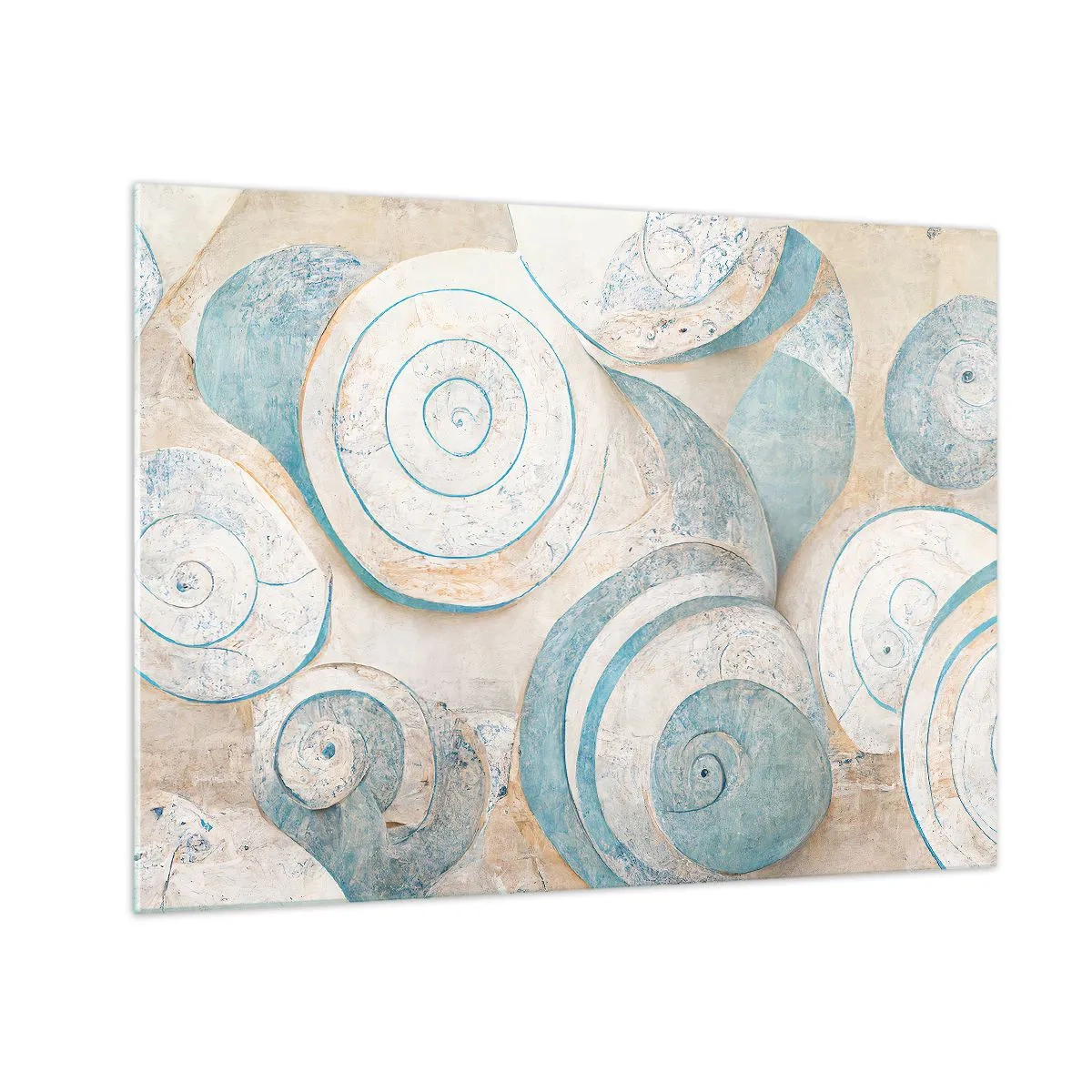Billede på glas - Muslingeskaller i en blå og beige palet på en struktureret baggrund - 70x50cm - Hvad gemmer skallen på? - Moderne vægdekoration til stue og soveværelse ARTTOR