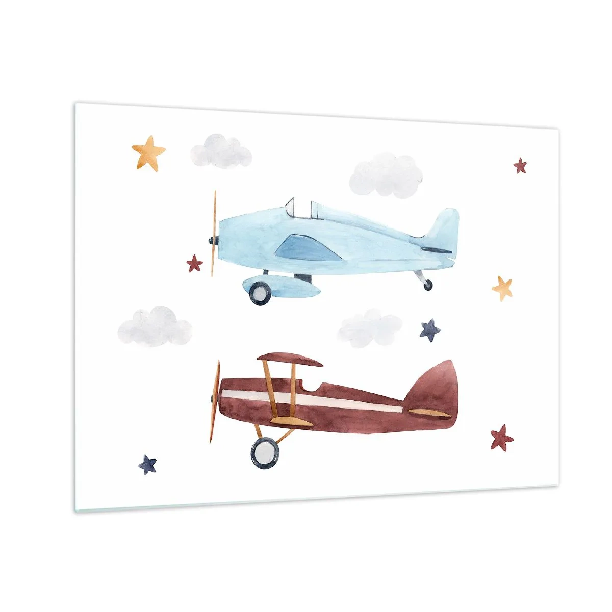 Billede på glas - To farverige fly blandt stjernerne og skyerne - 70x50cm - Hr. pilot, vi venter! - Moderne vægdekoration til stue og soveværelse ARTTOR