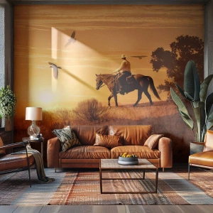 Fototapet Premium Sand - Alene på tværs af prærien - Hest, Cowboy, Landskab - 100x70 cm
