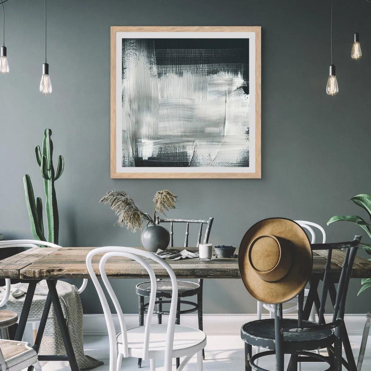 Plakat i ramme af lyst egetræ - Vævet af det lodrette og det vandrette - 50x50 cm