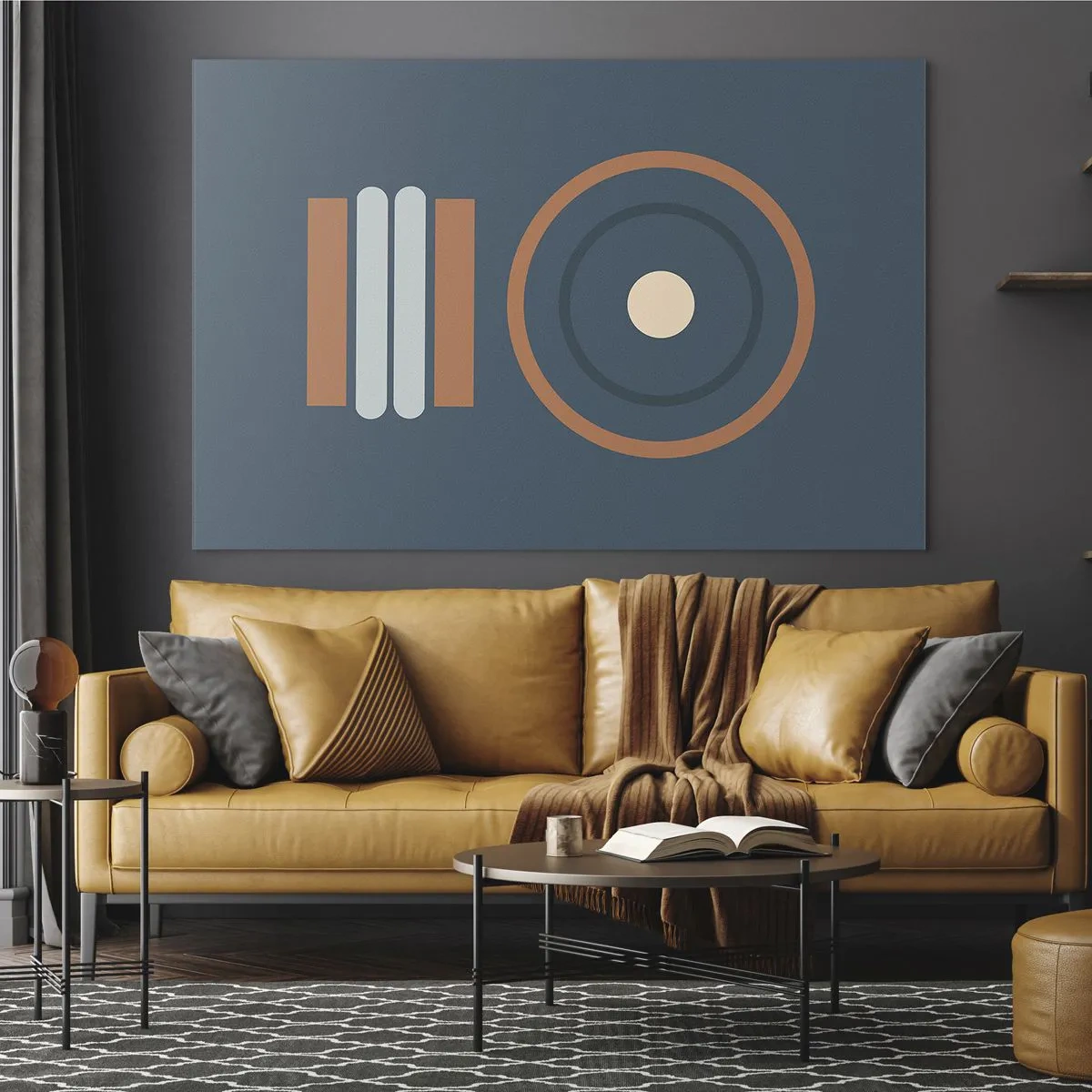 Billede på glas - Abstrakte geometriske former i dæmpede farver med cirkler og linjer - 70x50cm - Essensen af tingene - Moderne vægdekoration til stue og soveværelse ARTTOR