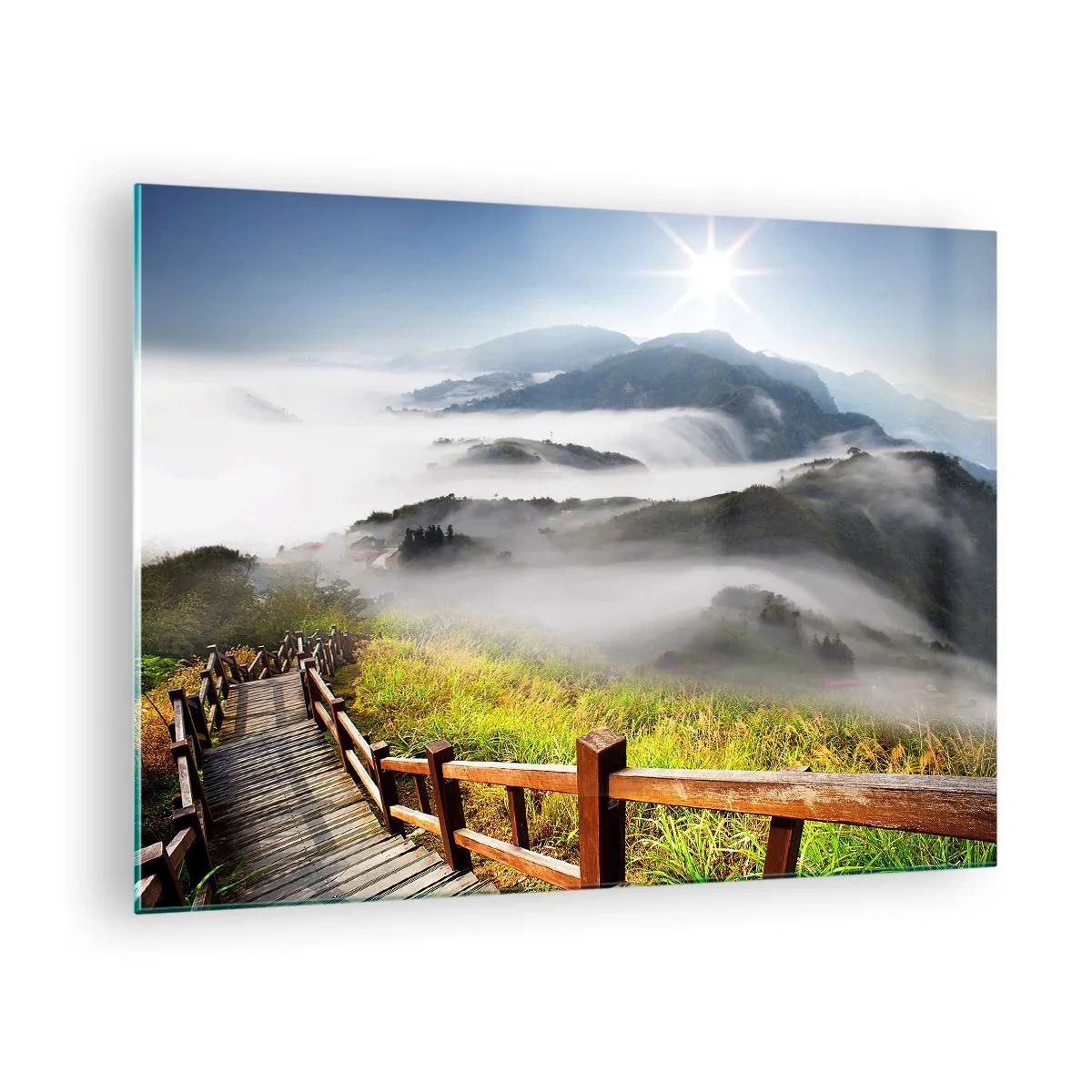 Billede på glas - Bjerglandskab med tåge og en træsti ved solopgang - 70x50cm - Vævet mod blænding og tåge - Moderne vægdekoration til stue og soveværelse ARTTOR
