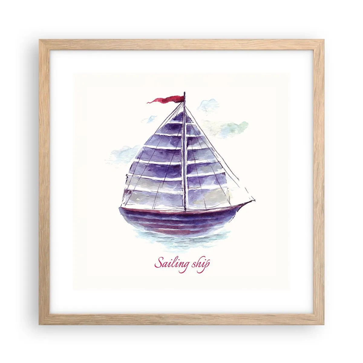 Plakat i ramme af lyst egetræ - Fulde sejl og roligt vand - 40x40 cm