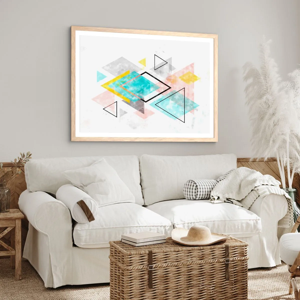 Plakat i ramme af lyst egetræ - Geometrisk leg - 100x70 cm