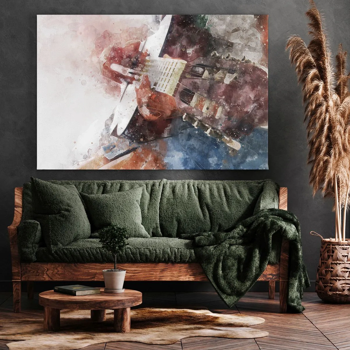 Lærredstryk - Billede på lærred - En kunstnerisk version af en guitar i akvarelstil - 70x50cm - Og hvad synes du? - Moderne vægdekoration til stue og soveværelse ARTTOR