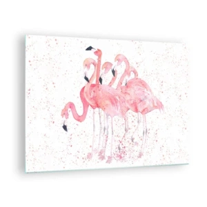 Billede på glas - Akvarel flamingoer på en lys baggrund med fine pletter - 70x50cm - Lyserød ansambl - Moderne vægdekoration til stue og soveværelse ARTTOR