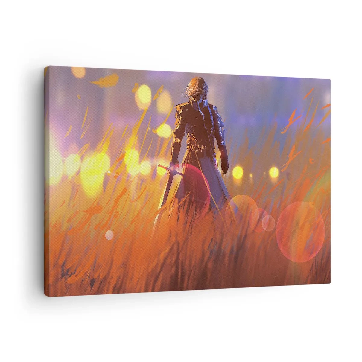 Lærredstryk - Billede på lærred - En ridderfigur i lyset af den nedgående sol på en mark - 70x50cm - Herreløs ridder - Moderne vægdekoration til stue og soveværelse ARTTOR