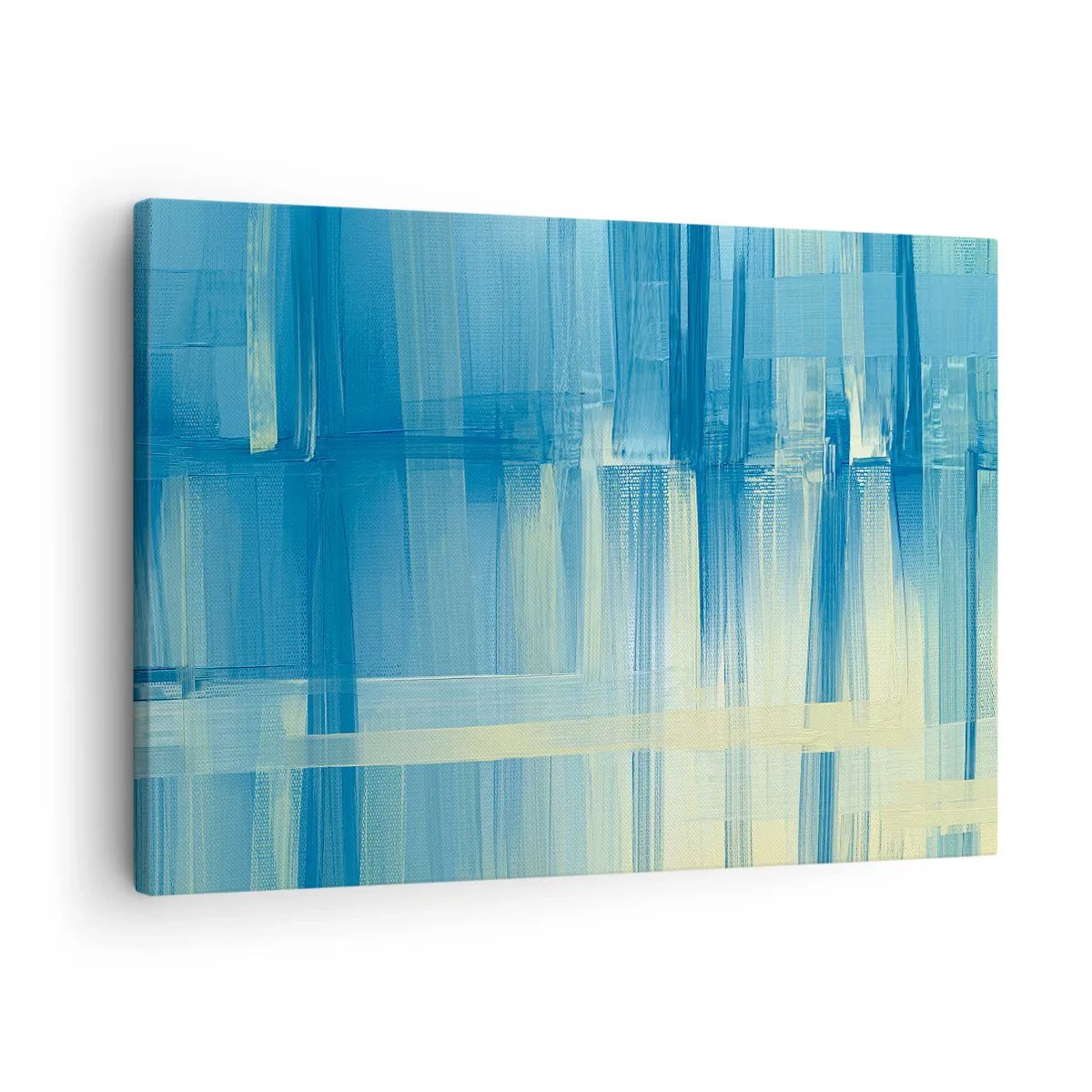 Lærredstryk - Billede på lærred - Et abstrakt maleri i turkis og blå nuancer med geometriske penselstrøg. - 70x50cm - Komposition i turkis - Moderne vægdekoration til stue og soveværelse ARTTOR