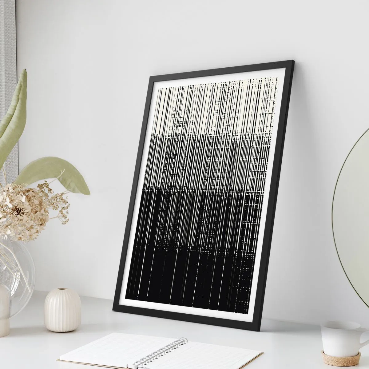 Plakat i sort ramme - Abstrakt komposition af sorte linjer på en hvid baggrund - 50x70cm - Bølger og vibrationer - Moderne vægdekoration til stue og soveværelse ARTTOR