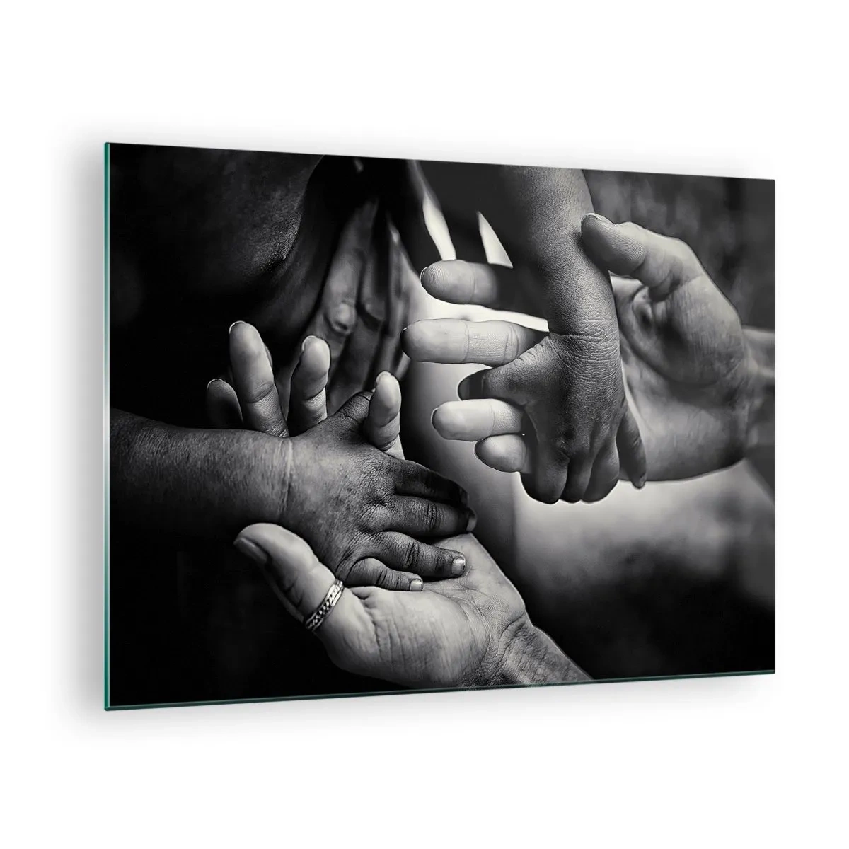 Billede på glas - Symbolsk sort-hvidt håndtryk fra forskellige generationer - 70x50cm - At være menneske - Moderne vægdekoration til stue og soveværelse ARTTOR