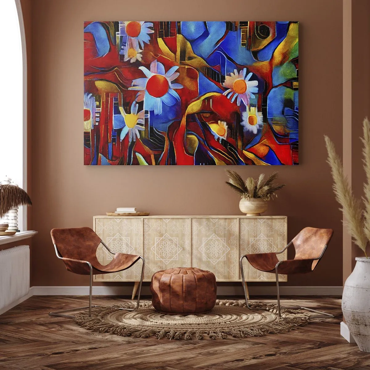 Lærredstryk - Billede på lærred - Abstrakte blomster mod en baggrund af geometriske mønstre - 70x50cm - Livets farver - Moderne vægdekoration til stue og soveværelse ARTTOR