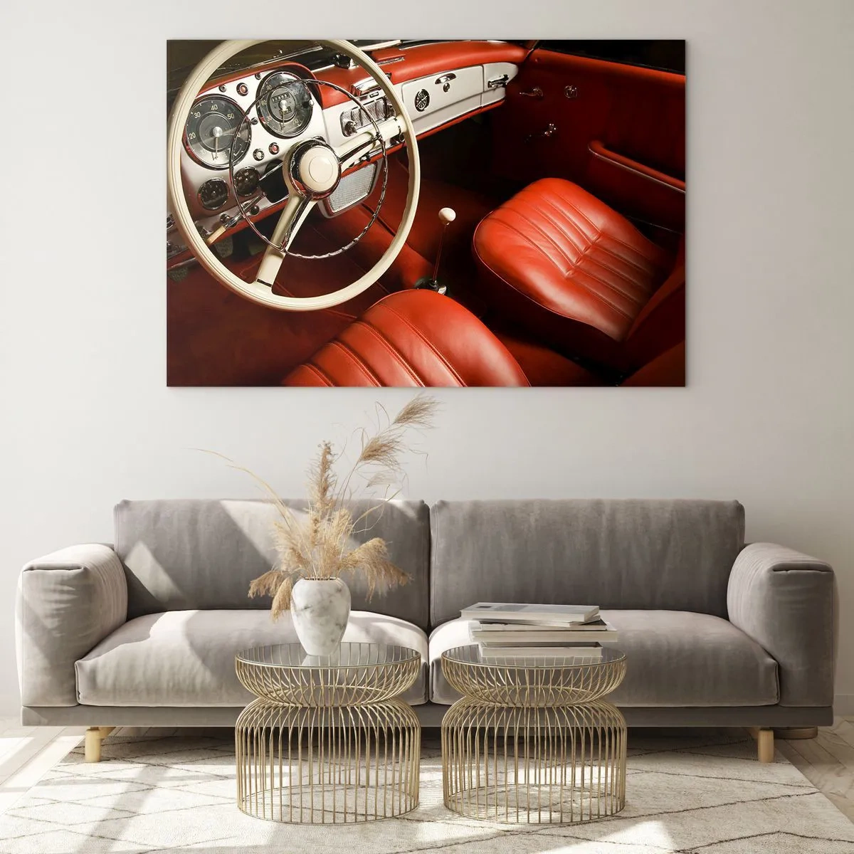 Billede på glas - Klassisk bilinteriør med røde sæder - 70x50cm - Luksus i vintage stil - Moderne vægdekoration til stue og soveværelse ARTTOR
