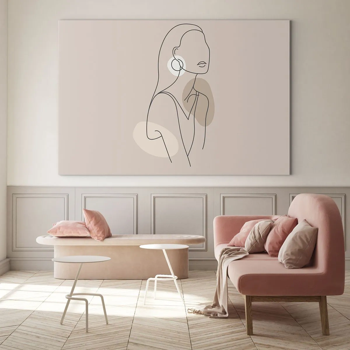 Billede på glas - En minimalistisk silhuet af en kvinde på en beige baggrund - 70x50cm - Et ikon for pigelivet - Moderne vægdekoration til stue og soveværelse ARTTOR