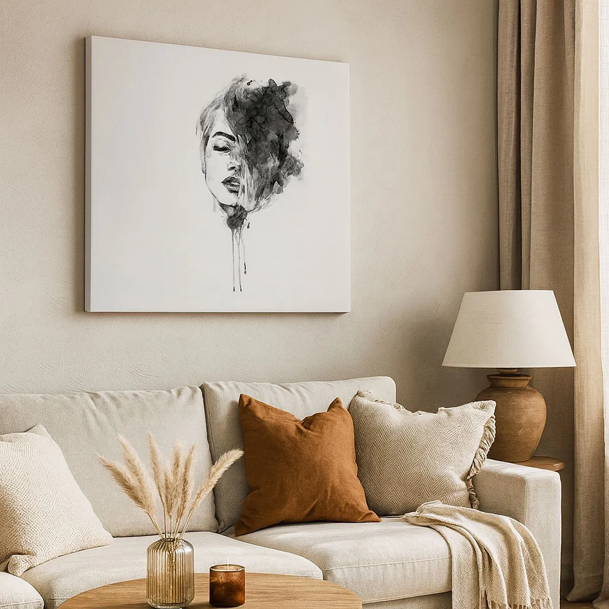 Lærredstryk - Billede på lærred - Kunstnerisk portræt af en kvinde i akvarelteknik med abstrakte detaljer - 70x50cm - Hvad piger drømmer om - Moderne vægdekoration til stue og soveværelse ARTTOR