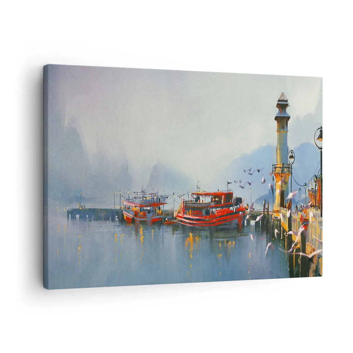 Lærredstryk - Billede på lærred - En havn med røde både omgivet af et tåget landskab - 70x50cm - Ved verdens ende - Moderne vægdekoration til stue og soveværelse ARTTOR