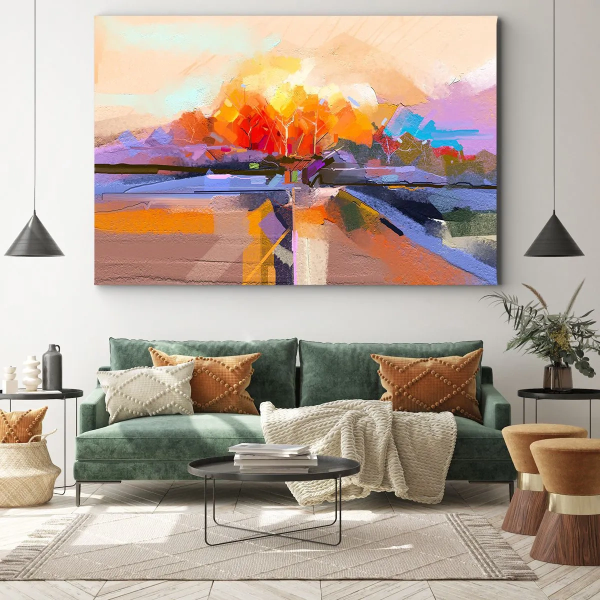 Lærredstryk - Billede på lærred - Et abstrakt landskab med intense efterårsfarver. - 70x50cm - Det er blevet efterår - Moderne vægdekoration til stue og soveværelse ARTTOR