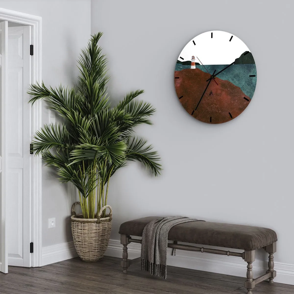 Vægur, Uret - Et fyrtårn på en bakke ved en stille kyst - 30x30cm - Med blikket rettet mod havet - Moderne vægdekoration til stue, køkken og soveværelse ARTTOR
