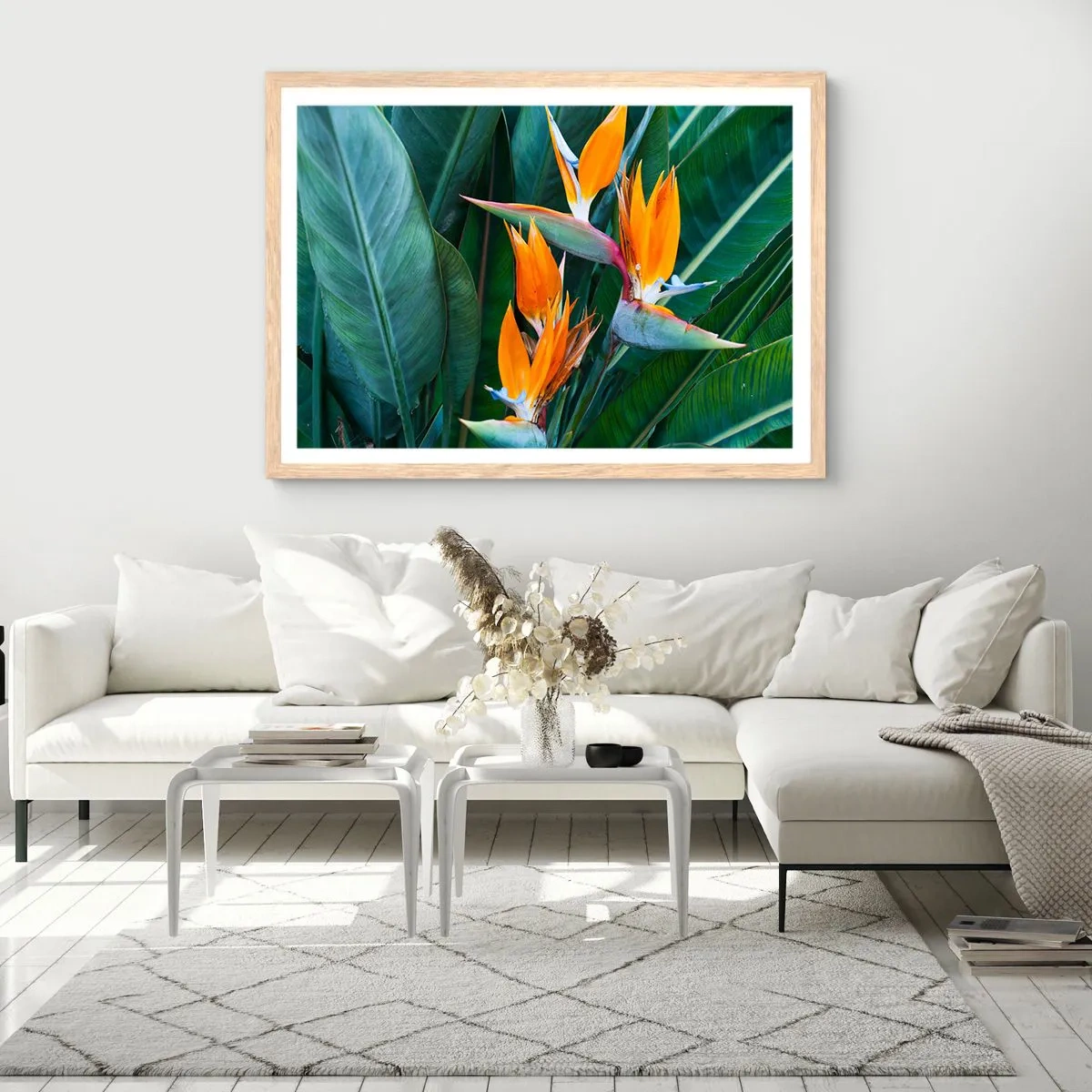 Plakat i ramme af lyst egetræ - Er det en blomst eller er det en fugl? - 50x40 cm