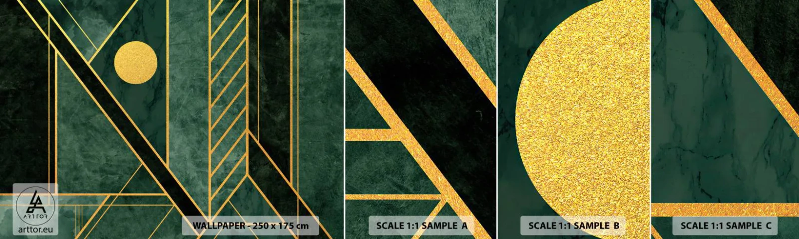 Prøve Fototapet Selvklæbende Deluxe Sticker - Dynamikken i guld og azurblå - Abstraktion, Stykke, Geometrisk mønster - 100x30 cm