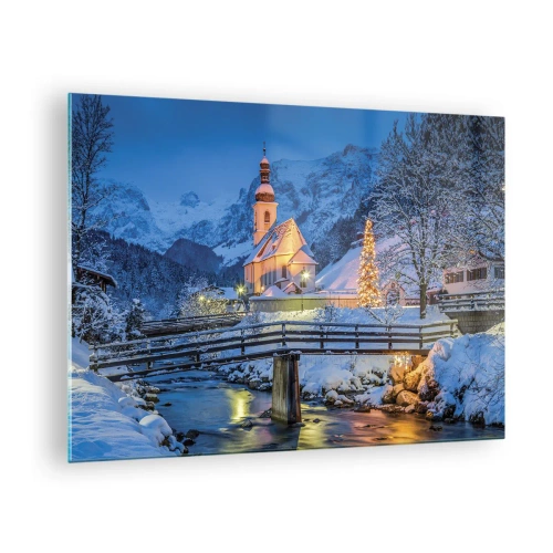 Billede på glas - Julelandskab i vinteromgivelser - 70x50cm - Julens ånd - Moderne vægdekoration til stue og soveværelse ARTTOR