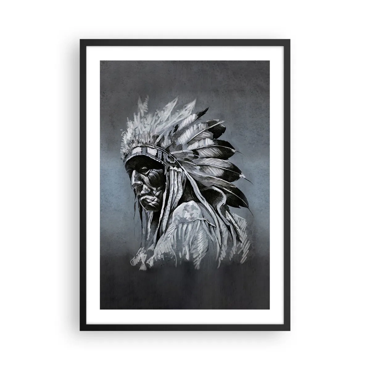 Plakat i sort ramme - Portræt af en indisk høvding i en fjerhovedbeklædning mod en grå baggrund - 50x70cm - Tilbage til rødderne - Moderne vægdekoration til stue og soveværelse ARTTOR