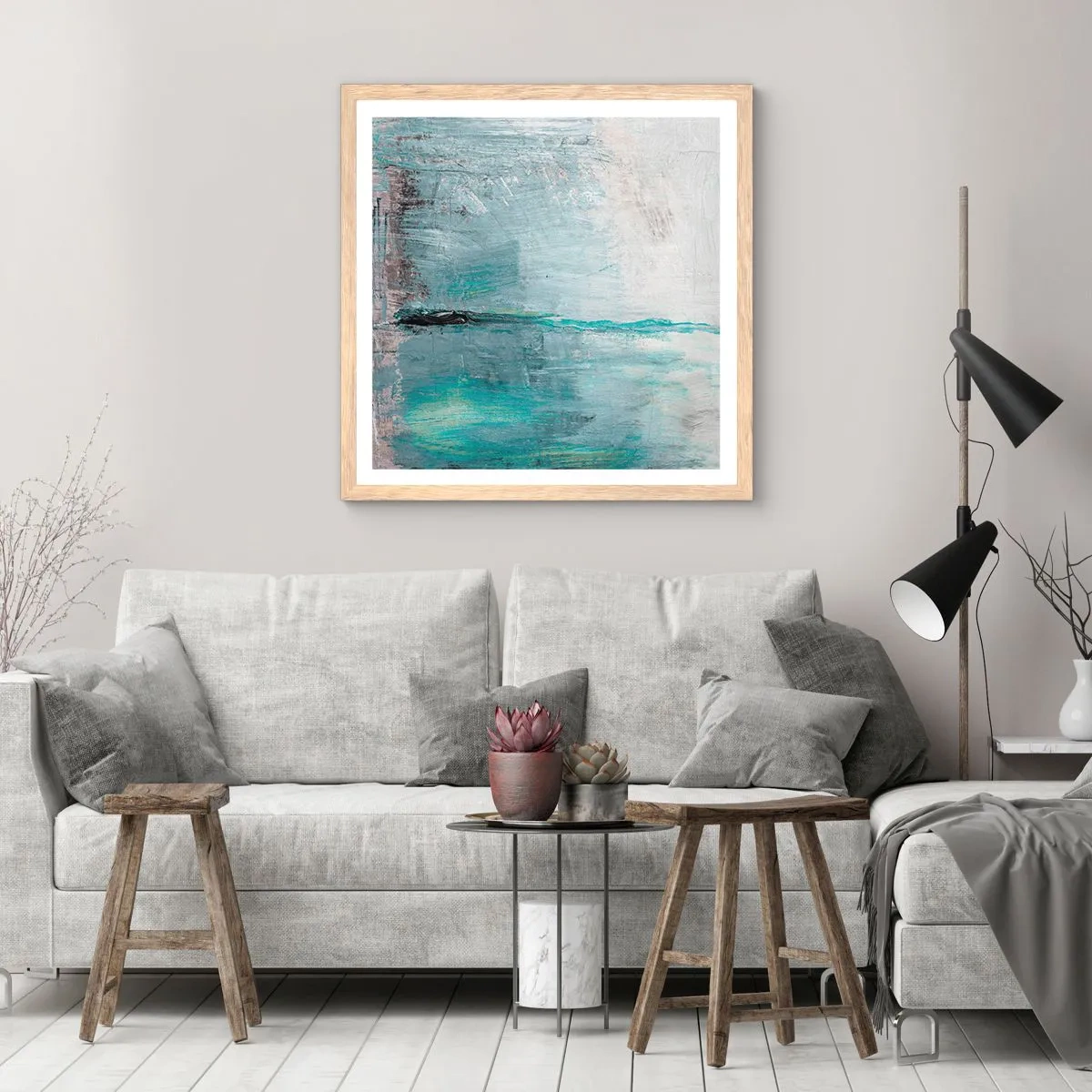 Plakat i ramme af lyst egetræ - Horisontalt med blå farve - 60x60 cm