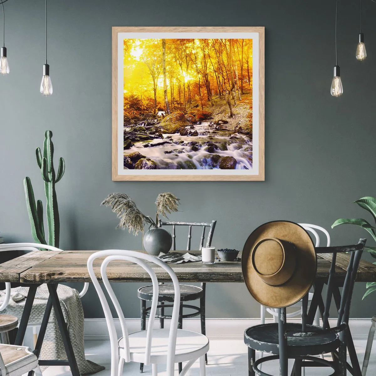 Plakat i ramme af lyst egetræ - Sten indfattet i guld og platin - 60x60 cm