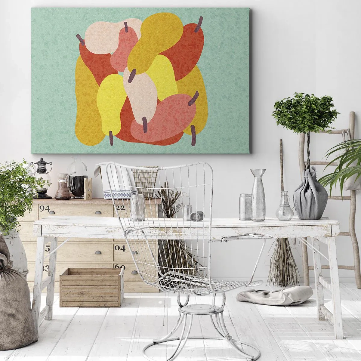 Lærredstryk - Billede på lærred - Farverige abstrakte pærer på en grøn baggrund - 70x50cm - Smag på sommersolen - Moderne vægdekoration til stue og soveværelse ARTTOR