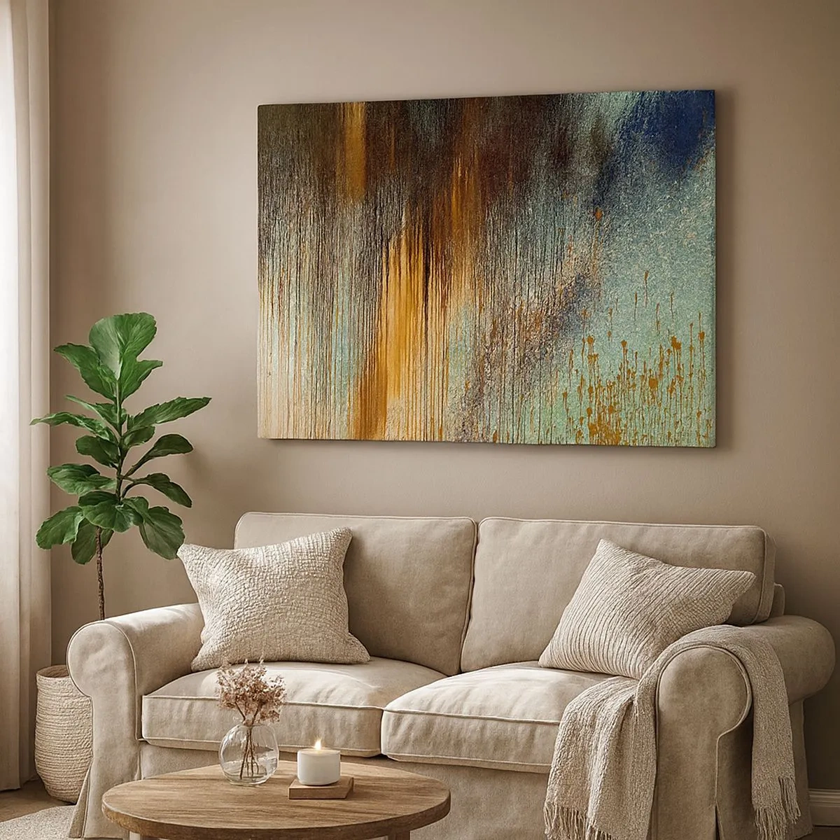 Lærredstryk - Billede på lærred - En abstrakt komposition af farver i nuancer af guld, brun og blå. - 70x50cm - En utilsigtet farverig komposition - Moderne vægdekoration til stue og soveværelse ARTTOR
