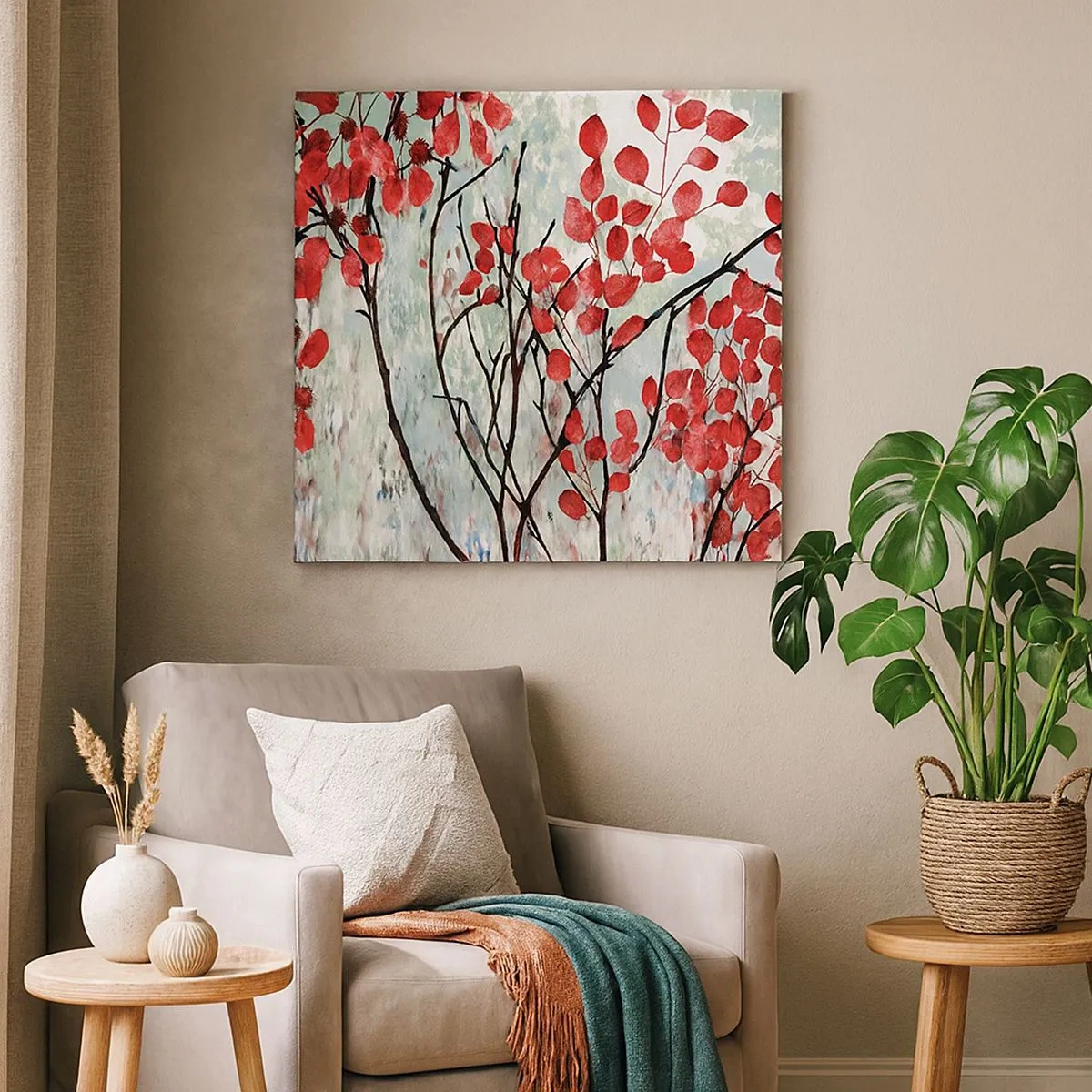 Lærredstryk - Billede på lærred - Træ i skarlagenrødt - 30x30 cm