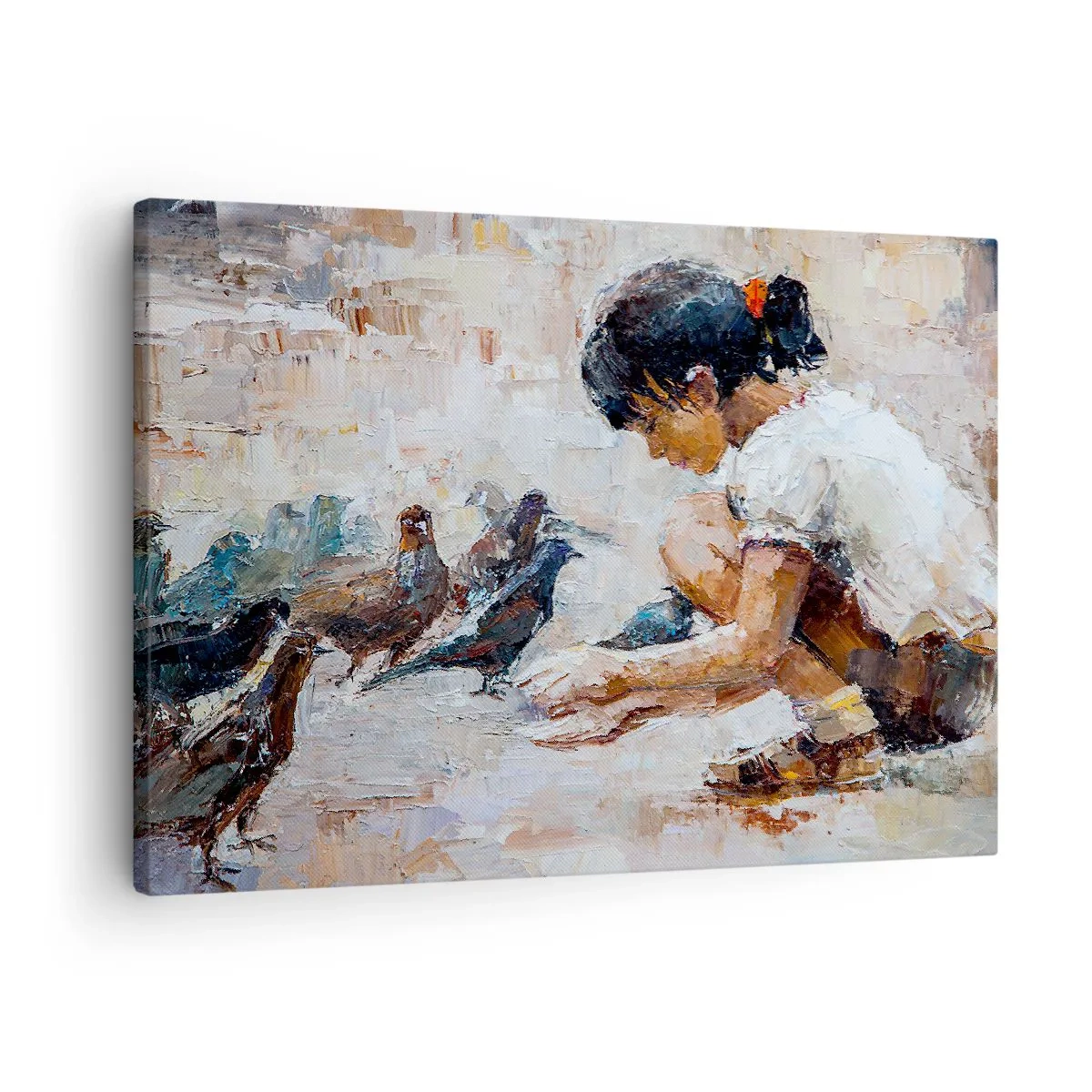Lærredstryk - Billede på lærred - En pige, der fodrer fugle i malerisk stil - 70x50cm - De små og de sødeste - Moderne vægdekoration til stue og soveværelse ARTTOR