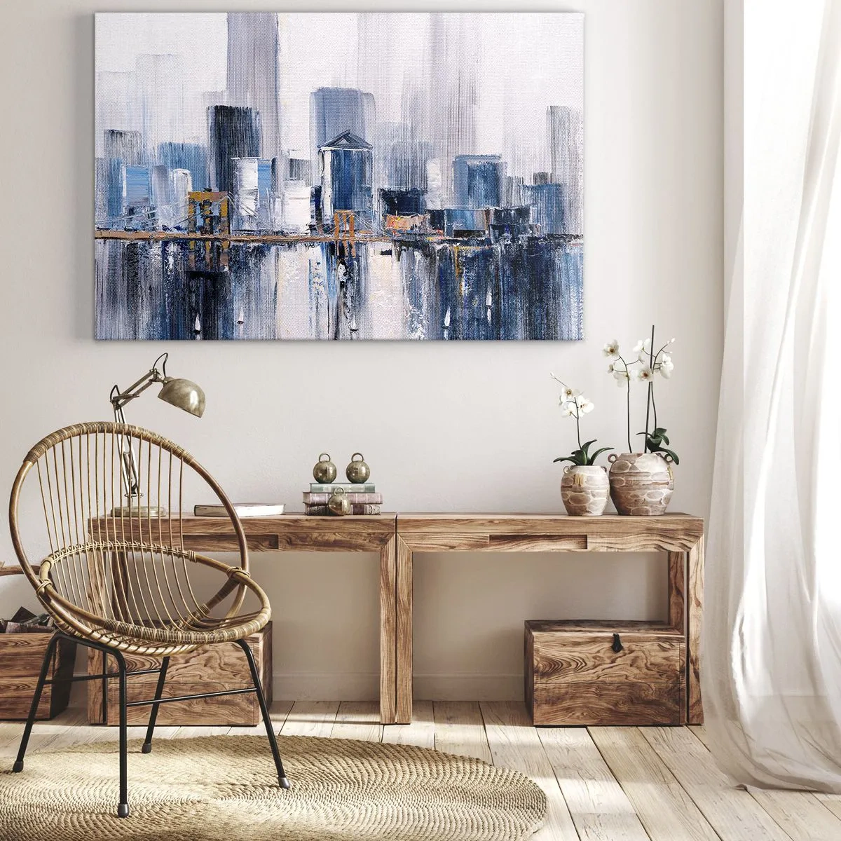 Lærredstryk - Billede på lærred - Abstrakt bypanorama med nuancer af blå og gule - 70x50cm - Indtryk fra New York - Moderne vægdekoration til stue og soveværelse ARTTOR