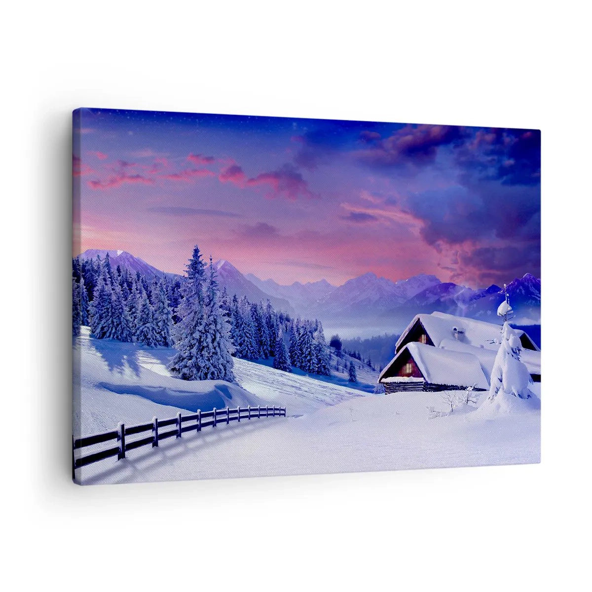 Lærredstryk - Billede på lærred - Vinterlandskab med bjerghytter ved solnedgang - 70x50cm - Stille nat - Moderne vægdekoration til stue og soveværelse ARTTOR