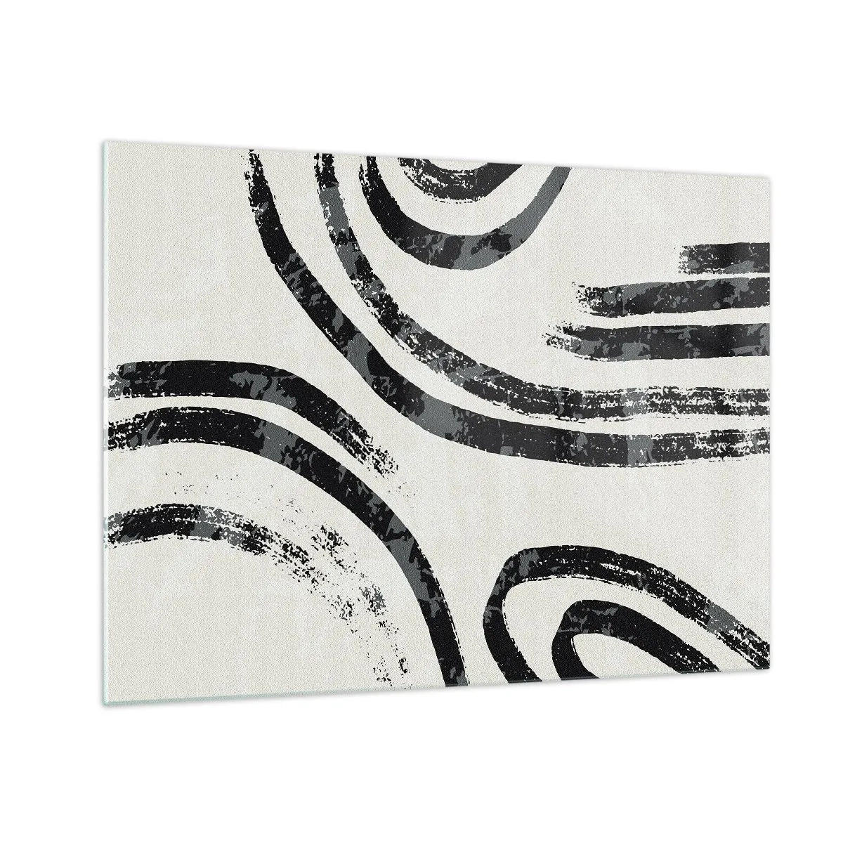 Billede på glas - Sorte halvcirkelformede linjer i en minimalistisk abstraktion på en lys baggrund - 70x50cm - Halvt stoppet - Moderne vægdekoration til stue og soveværelse ARTTOR