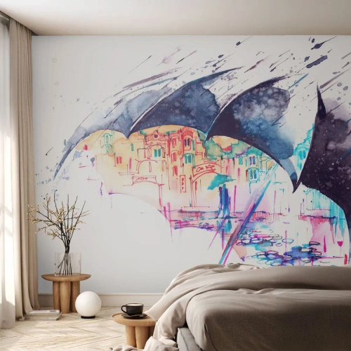 Fototapet Selvklæbende Deluxe Sticker - Gåtur i regnvejr - Abstraktion, Paraply, Arkitektur - 350x256 cm