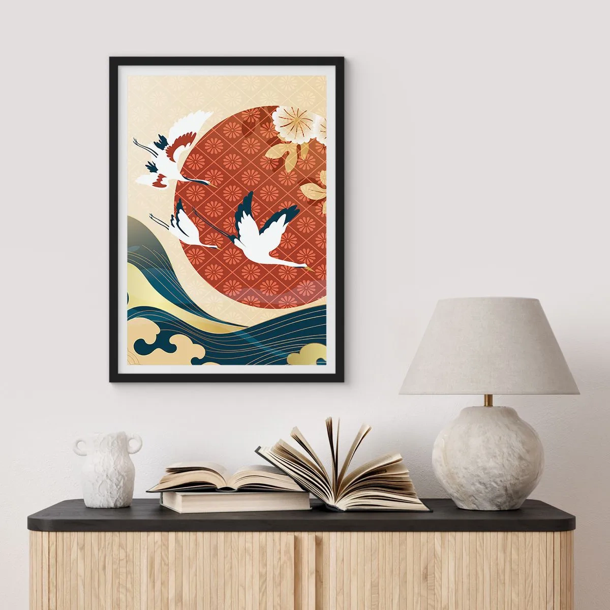 Plakat i sort ramme - Japansk komposition med traner, bølger og en rød cirkel - 50x70cm - Kompatibel manglende overensstemmelse - Moderne vægdekoration til stue og soveværelse ARTTOR