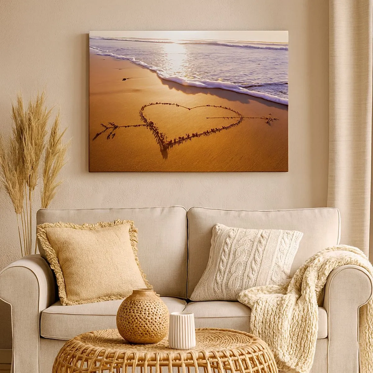 Lærredstryk - Billede på lærred - Et hjerte lavet af sand på stranden under solnedgang - 70x50cm - Ferie tilståelse - Moderne vægdekoration til stue og soveværelse ARTTOR